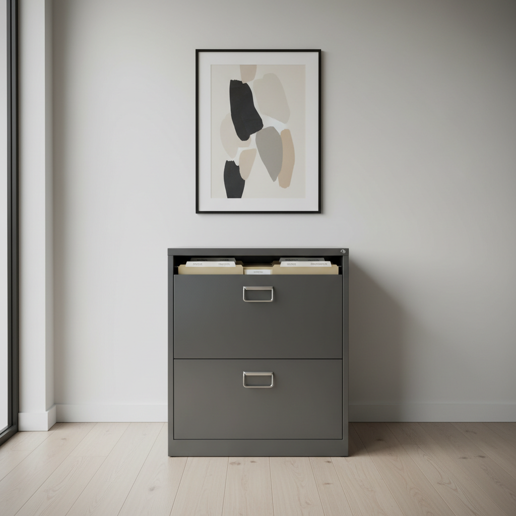 A charcoal-gray, contemporary filing cabinet with glossy metal handles slightly ajar, revealing precisely arranged tax folders in soft cream and muted taupe tones, each labeled with elegant, understated text. The cabinet stands on a light, finely grained hardwood floor beneath a framed abstract print in subdued neutrals. Even, overcast daylight spills in from the left, creating harmonious lighting that minimizes distraction while highlighting edges and textures. The overall feel is orderly and composed, projecting peace of mind and attention to detail. Framed in a clean, symmetrical composition at eye level, with a slight vignette for focus, the photographic style is minimalistic and uncluttered, in line with a professional accounting office.