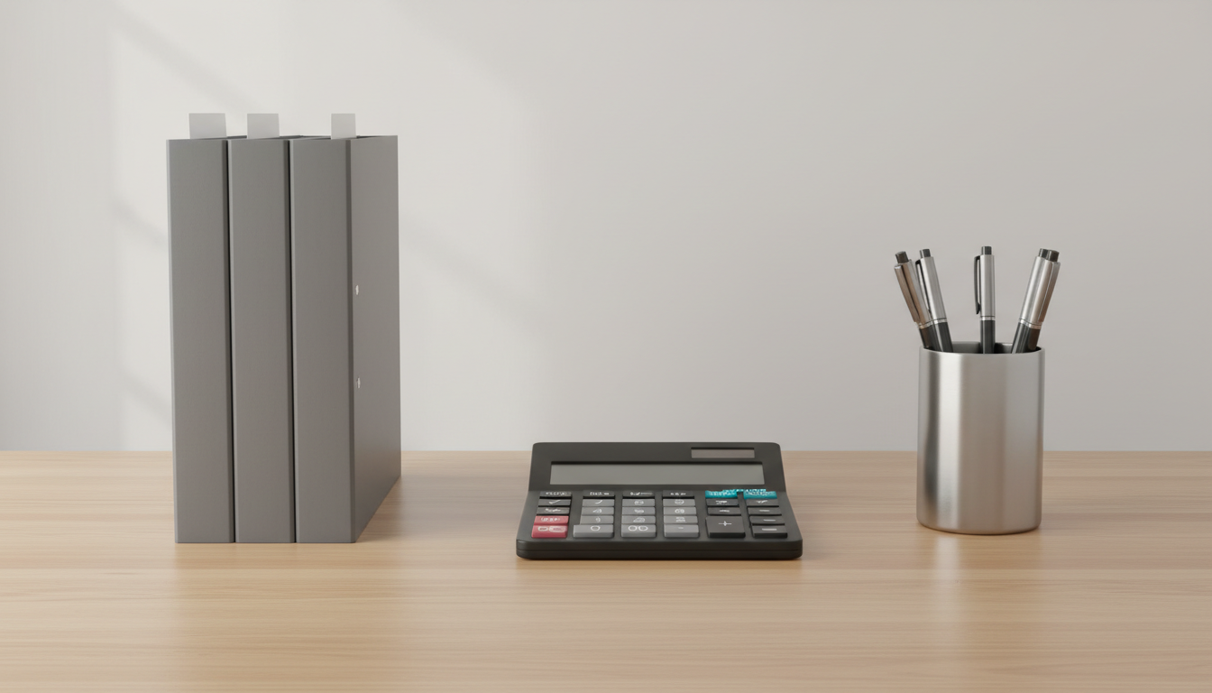 A meticulously organized desktop scene featuring a sleek matte-black calculator with crisp white buttons, a neatly stacked set of gray file folders, and a stainless steel pen holder with structured metallic pens. The desktop itself is an elegant light oak surface set against a neutral off-white wall. Soft, diffused natural light filters in from an unseen window, casting subtle highlights across the edges and creating gentle, clean shadows. The composition is balanced and centered, shot from an eye-level angle to emphasize clarity and order. The overall mood is professional and calm, projecting trust and competence for a modern tax and accounting business. The image exhibits photographic realism with a clean, minimalist, corporate aesthetic.