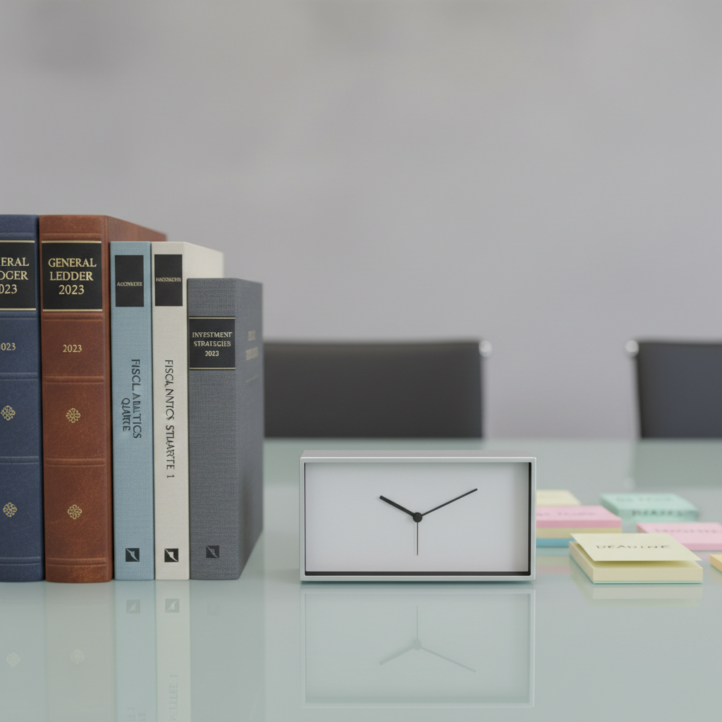 An orderly arrangement of bound business ledgers and contemporary, hardbound financial journals atop a flawless glass conference table. Accompanying these are pastel-colored sticky notes, carefully positioned, and a silver, minimalist desk clock set to 10:00 AM, symbolizing punctuality. The backdrop is a softly blurred neutral gray wall, maintaining focus on the workspace essentials. Bright but soft studio lighting illuminates the scene evenly, enhancing the textures of the paper and the reflections on the glass without harsh glare. The composition follows the rule of thirds, providing a structured and approachable feel, in line with the expert support offered by a tax preparation service. The overall effect is distinctly professional, modern, and highly organized, with photographic attention to detail.